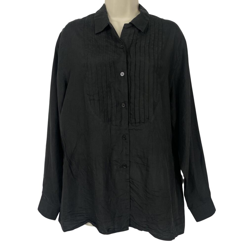 Newport News 100% Silk Button Up Shirt Womens 8 Black Pleated Tuxedo Minimalist